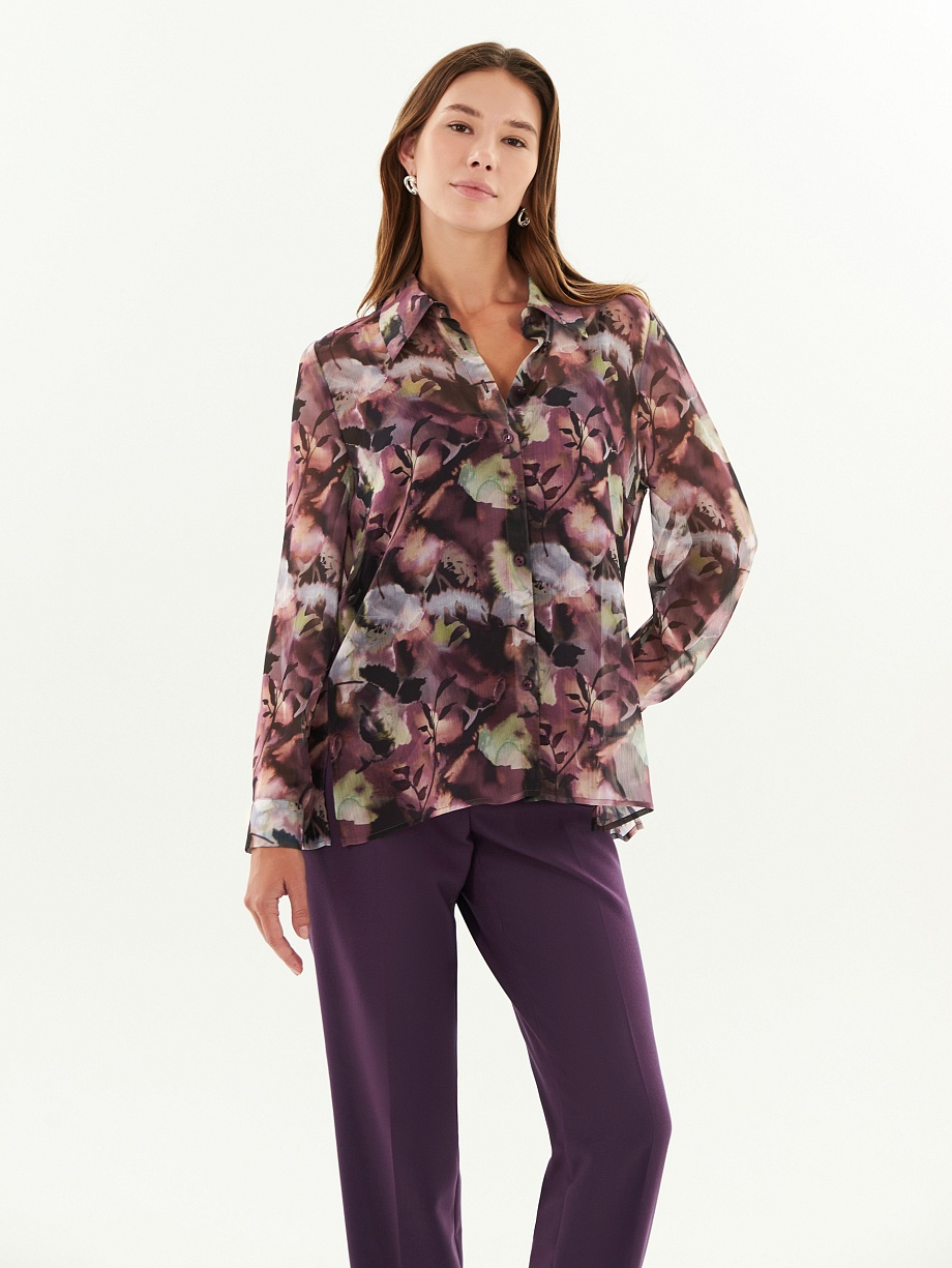 Прямая блуза из тонкого шифона с растительным принтом