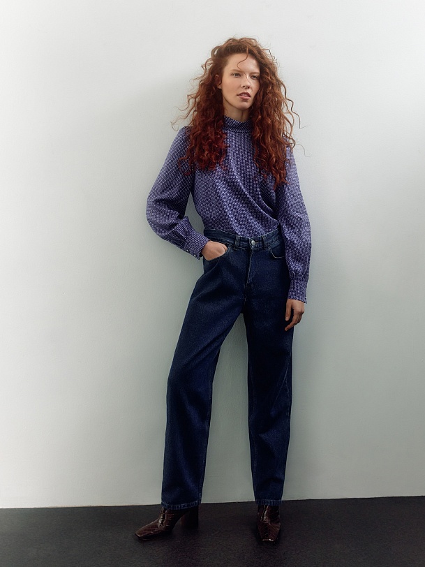 Прямая блуза с воротником-стойкой из 100% тенселя