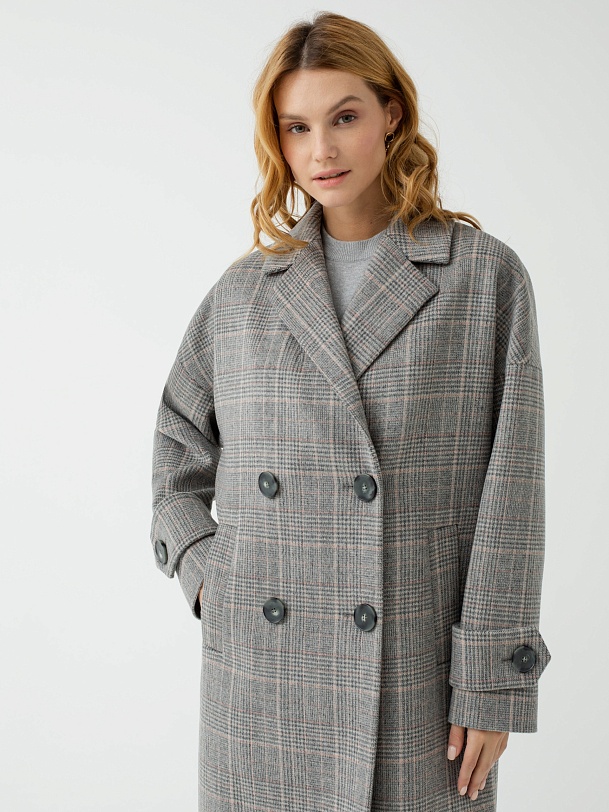Шерстяное пальто двубортное в клетку