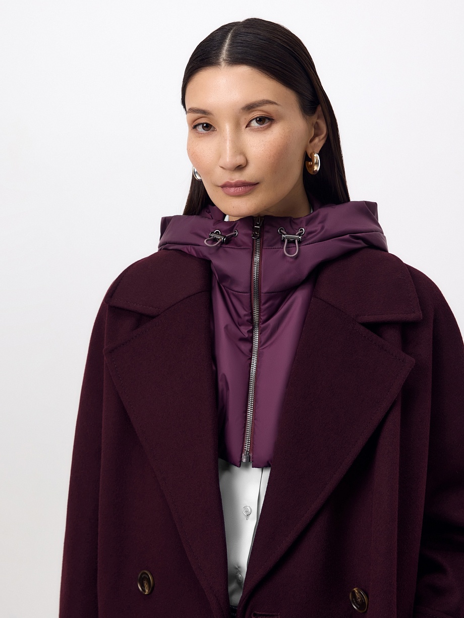 Пальто из шерсти с мембраной, утеплённой спинкой и съёмным капюшоном