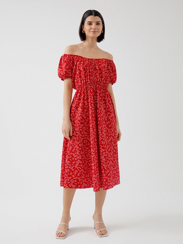 Яркое платье с растительным принтом и резинкой на талии