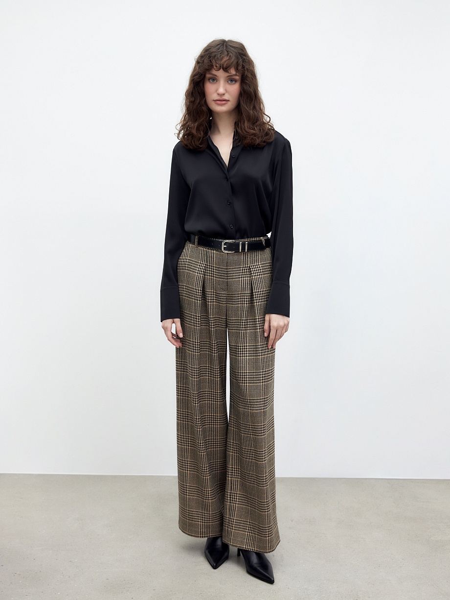 Прямые широкие брюки со складками из костюмной ткани в клетку