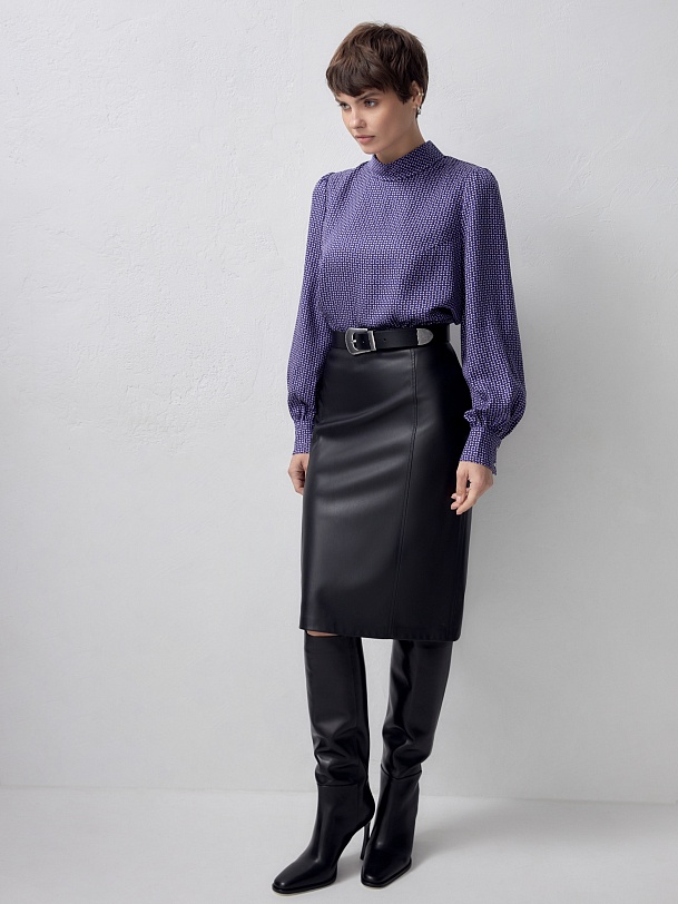 Прямая блуза с воротником-стойкой из 100% тенселя