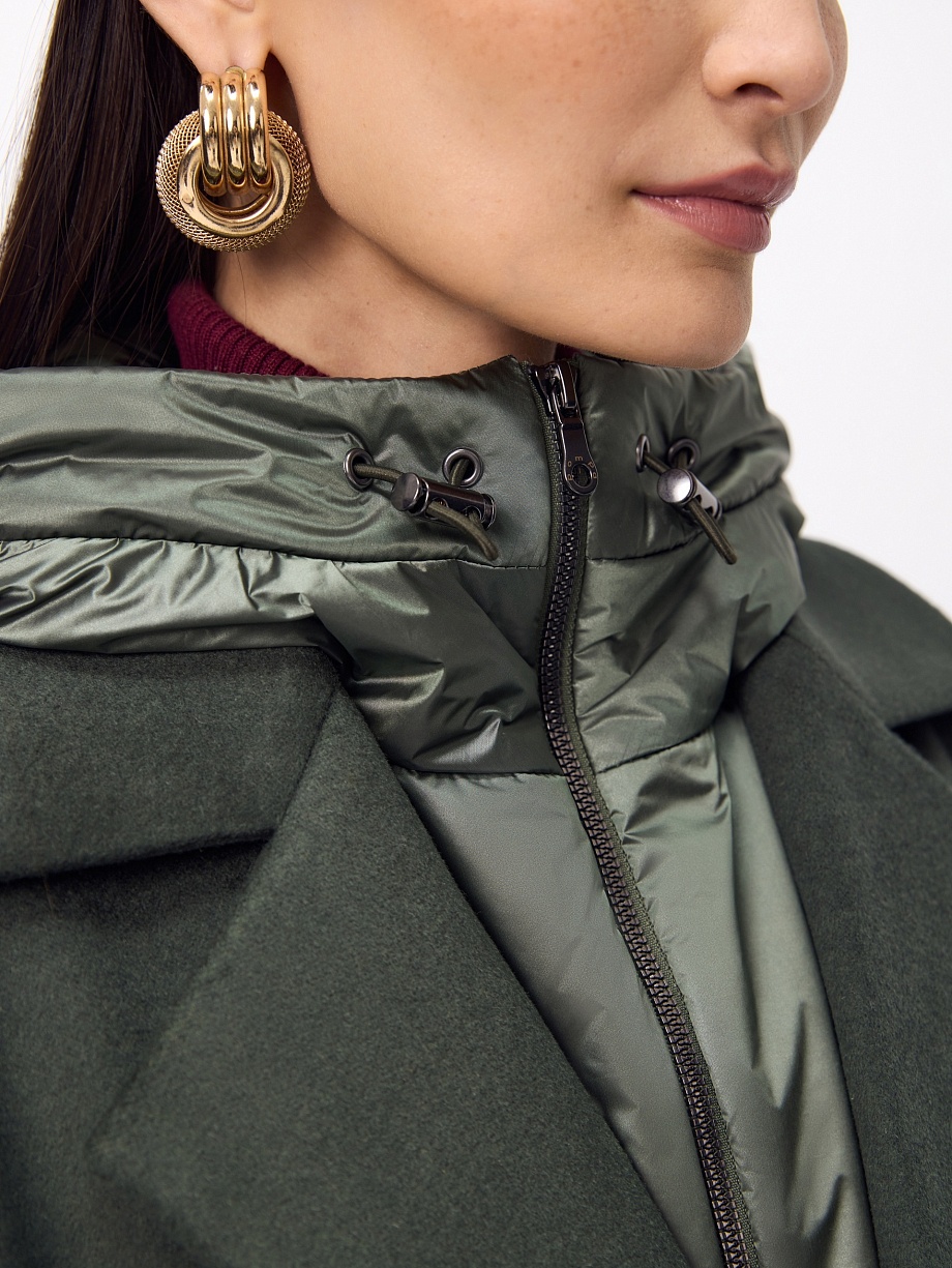 Пальто из шерсти с мембраной, утеплённой спинкой и съёмным капюшоном