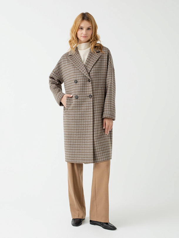 Двубортное шерстяное пальто в клетку с мембраной