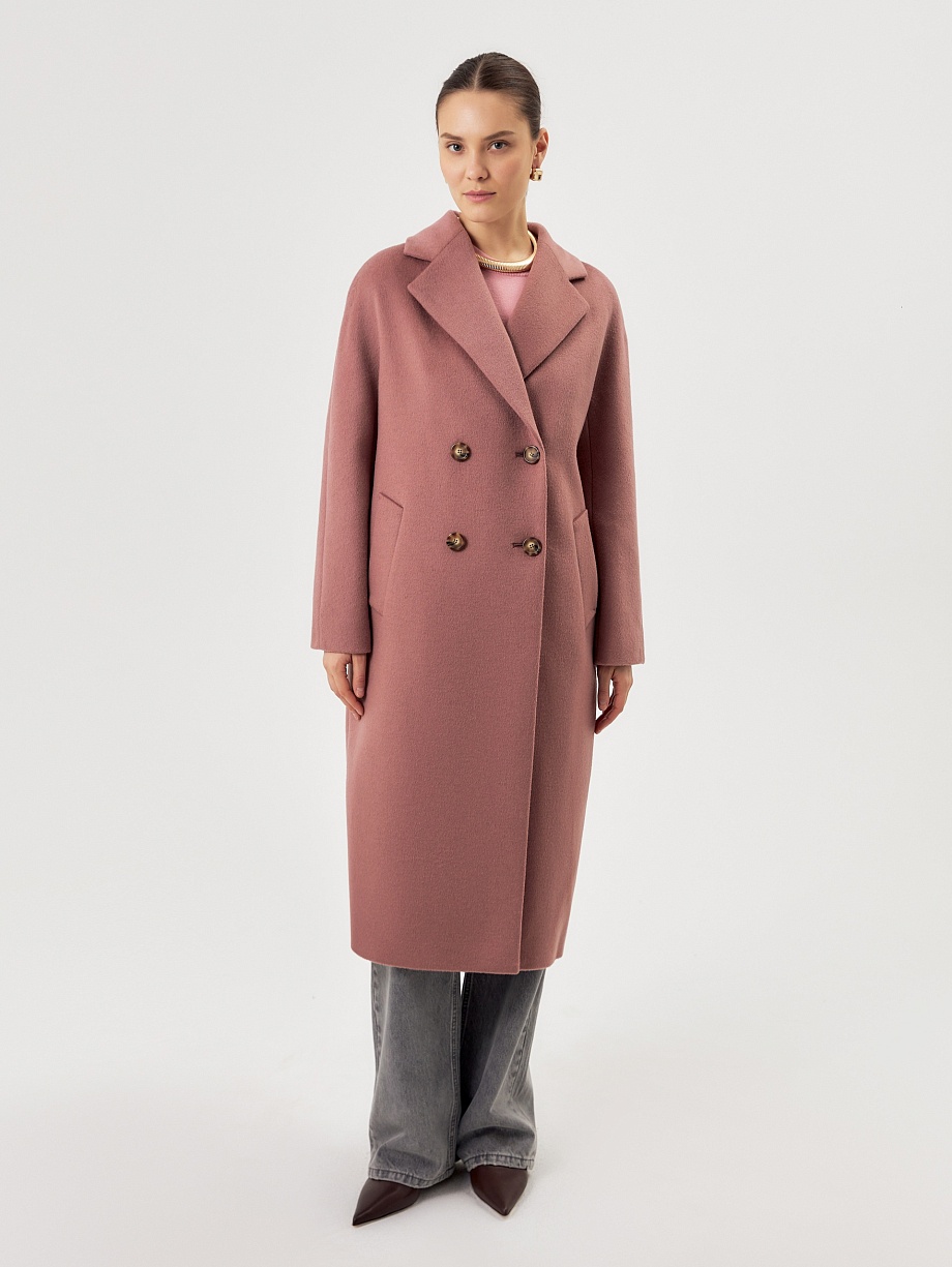 Двубортное шерстяное пальто силуэта удлиненый кокон