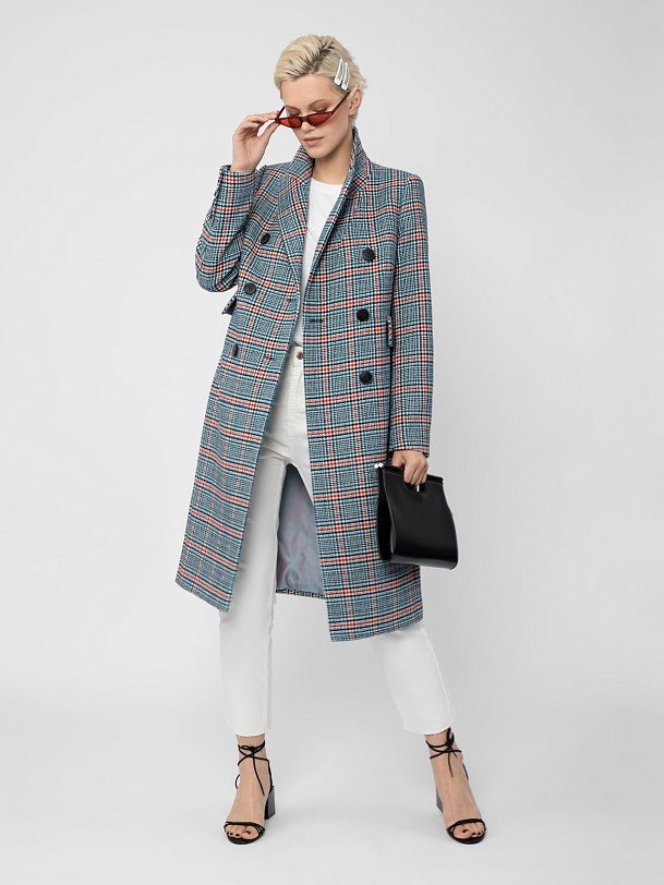 Двубортное шерстяное пальто в клетку