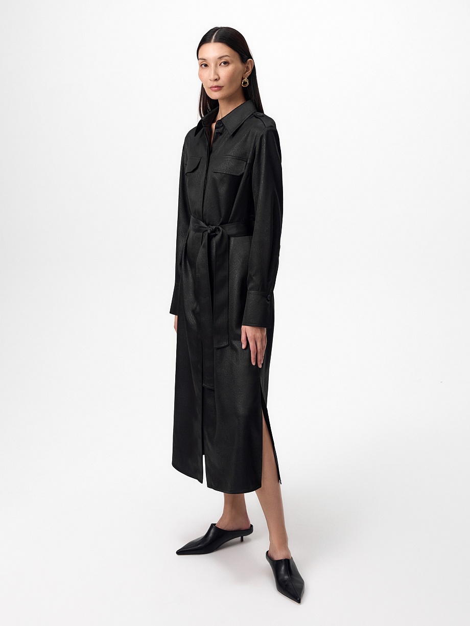 Платье-рубашка из фактурного атласа