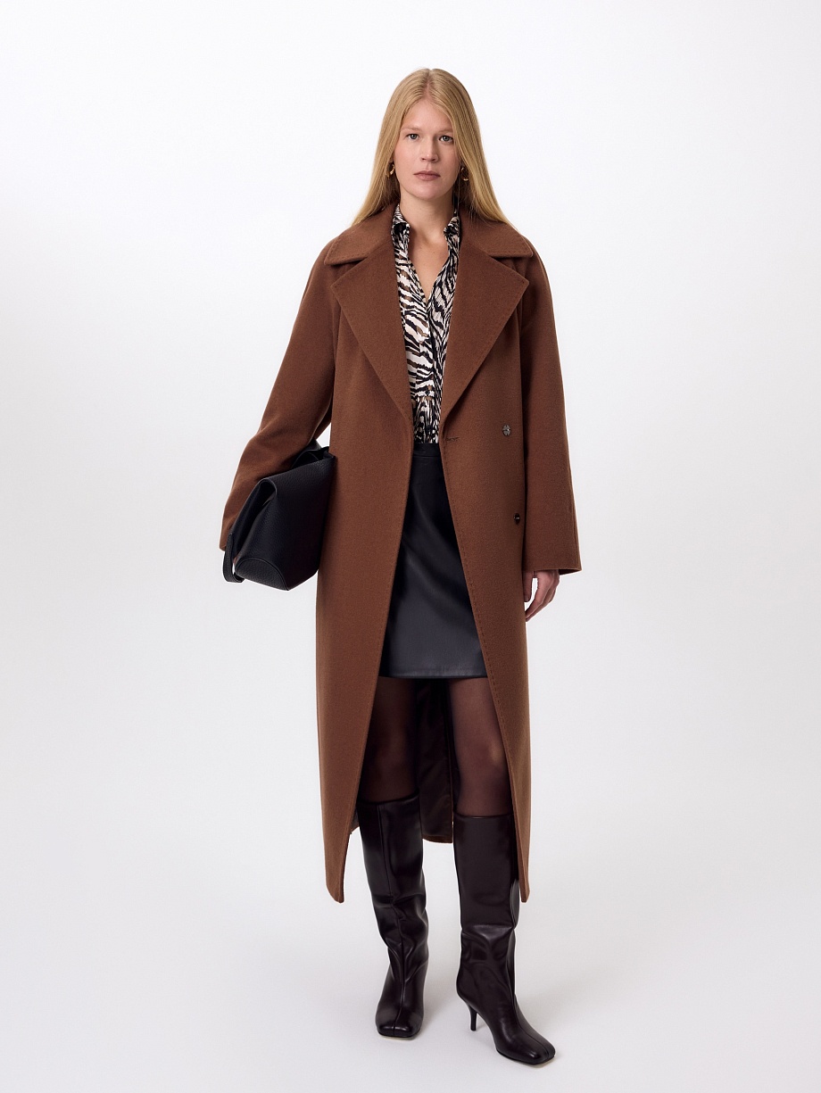 Пальто-халат из шерсти с декоративной ручной отстрочкой