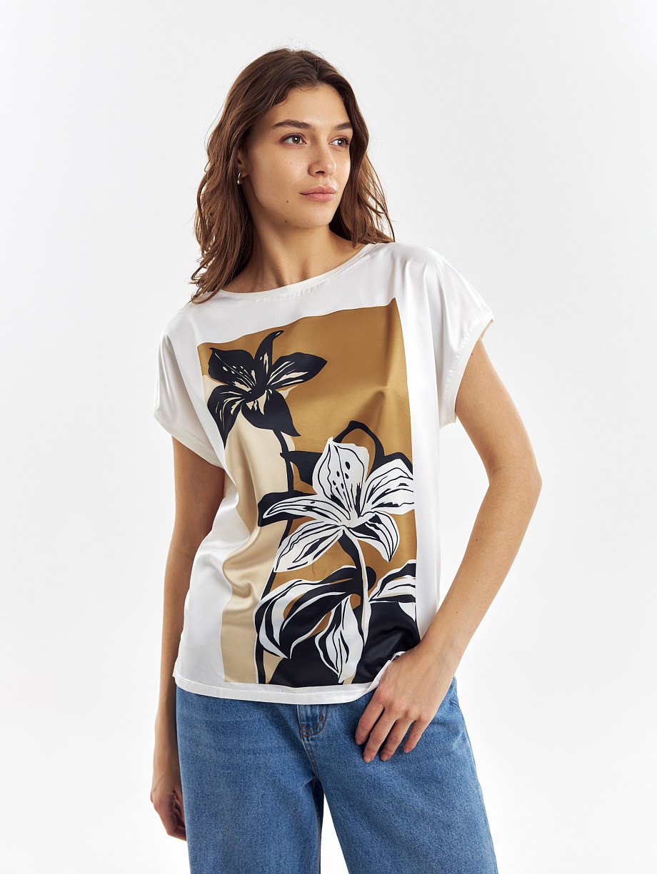 Хлопковая футболка с полочкой из атласной ткани