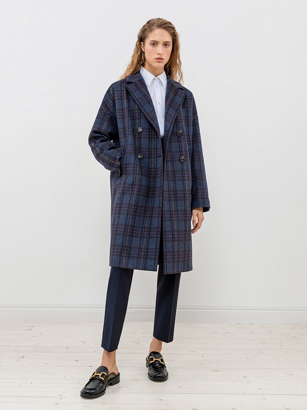 Двубортное шерстяное пальто в клетку с мембраной