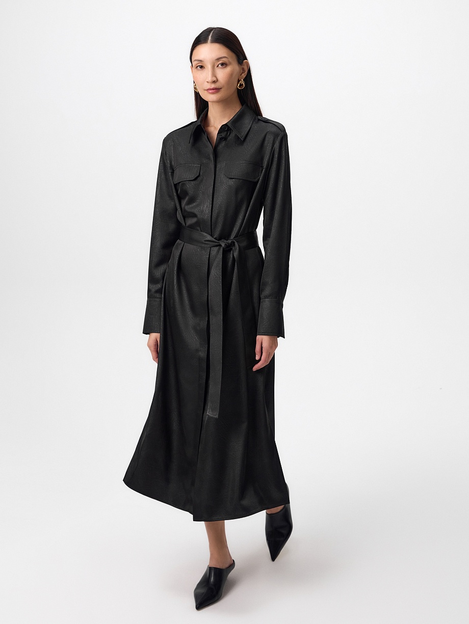 Платье-рубашка из фактурного атласа