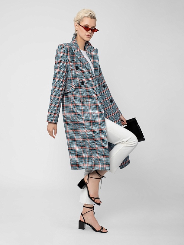 Двубортное шерстяное пальто в клетку