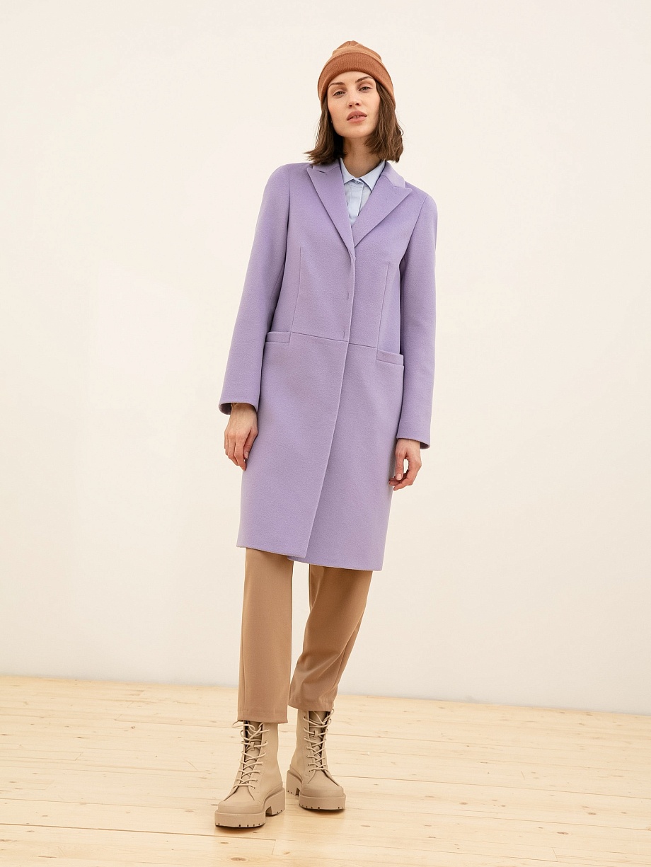 Шерстяное пальто сиреневое с асимметричной деталью