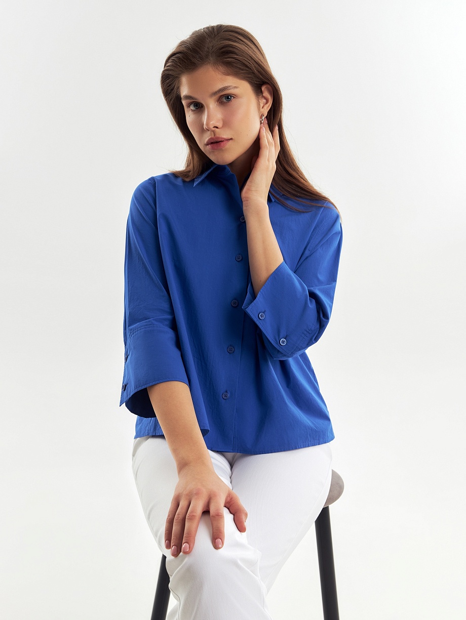 Хлопковая укороченная рубашка с рукавом 3/4