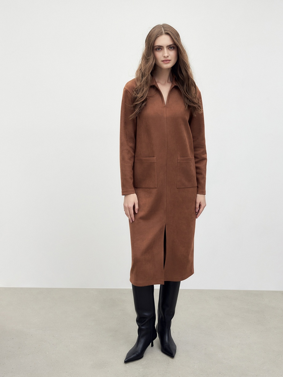 Прямое платье-миди из искусственной замши