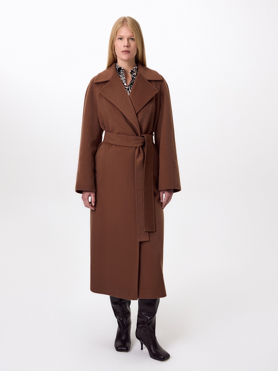 Пальто-халат из шерсти с декоративной ручной отстрочкой