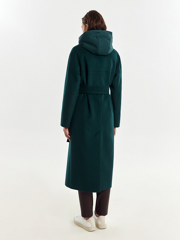 Шерстяное пальто с мембраной, утеплённой спинкой и съёмным капюшоном