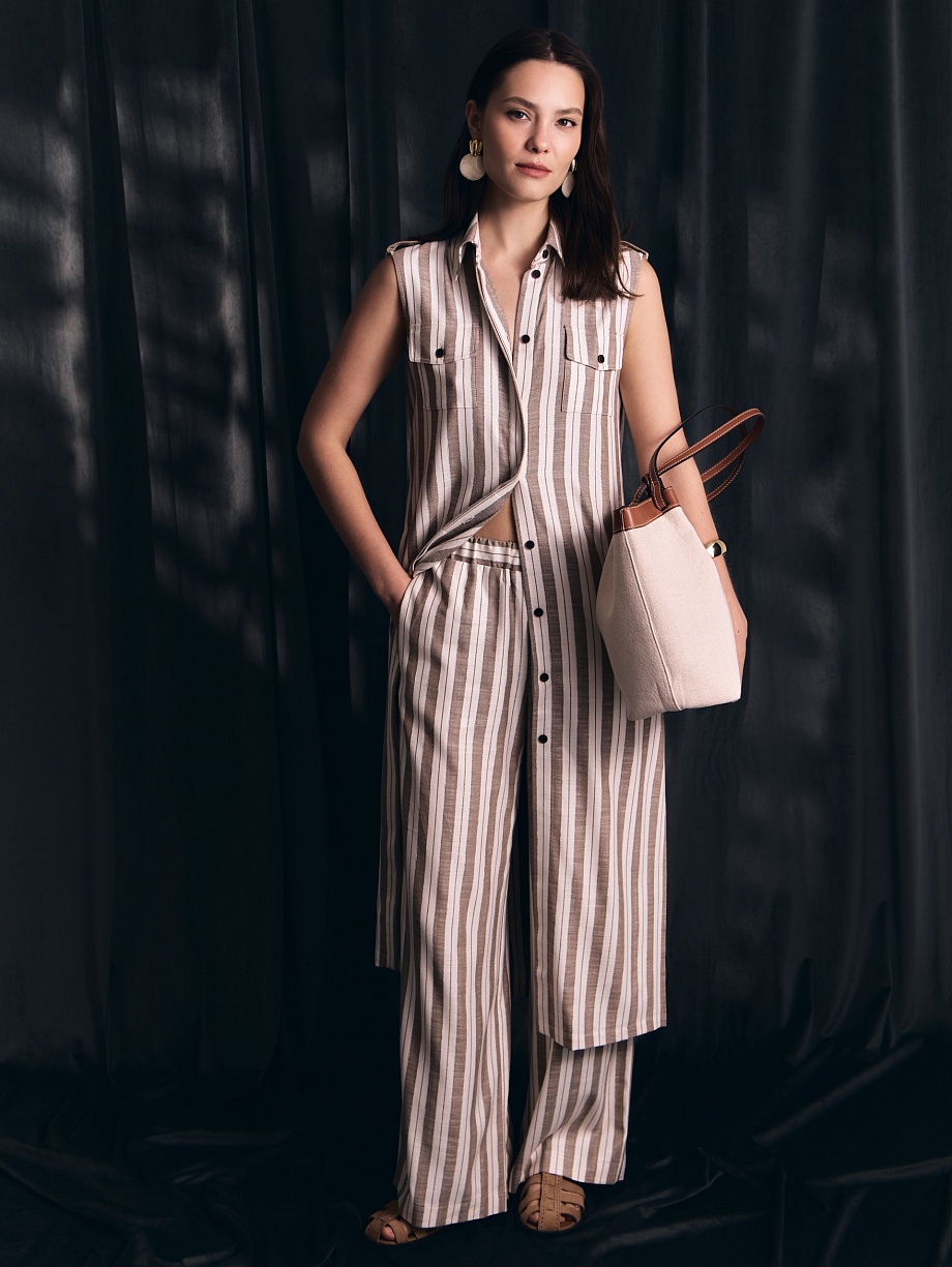 Летние брюки в полоску с поясом на резинке