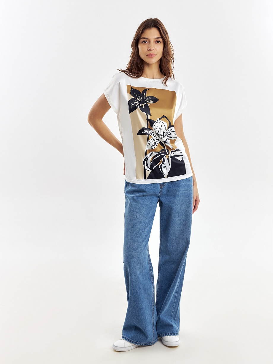 Хлопковая футболка с полочкой из атласной ткани