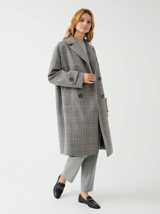 Шерстяное пальто двубортное в клетку