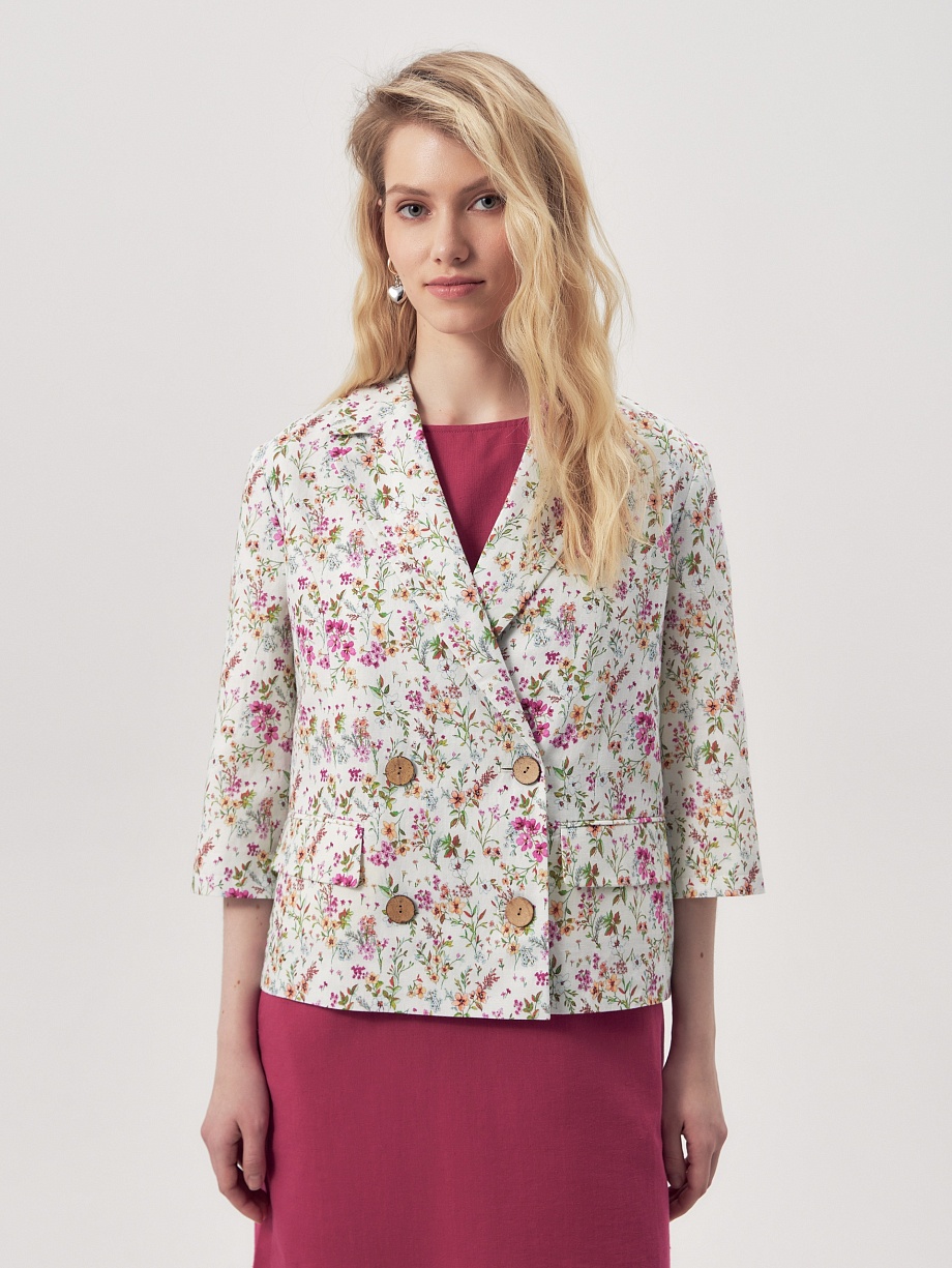 Укороченный двубортный жакет из хлопка и льна