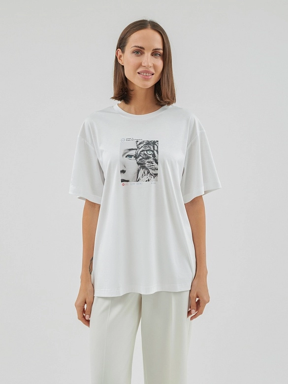 Свободная белая женская футболка с принтом из премиальногомерсеризированного 100% хлопка арт.5153851kn1090 купить в интернет-магазинеPompa